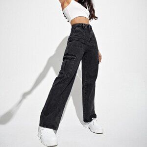 Black Casual Womens High Waist Flap Pocket Side Cargo Jeans